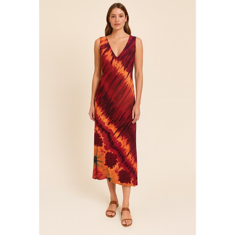 Vintage Tessuto Tie Dye Maxi Dress Red Orange Rayon Boho 90s Style Made in USA S